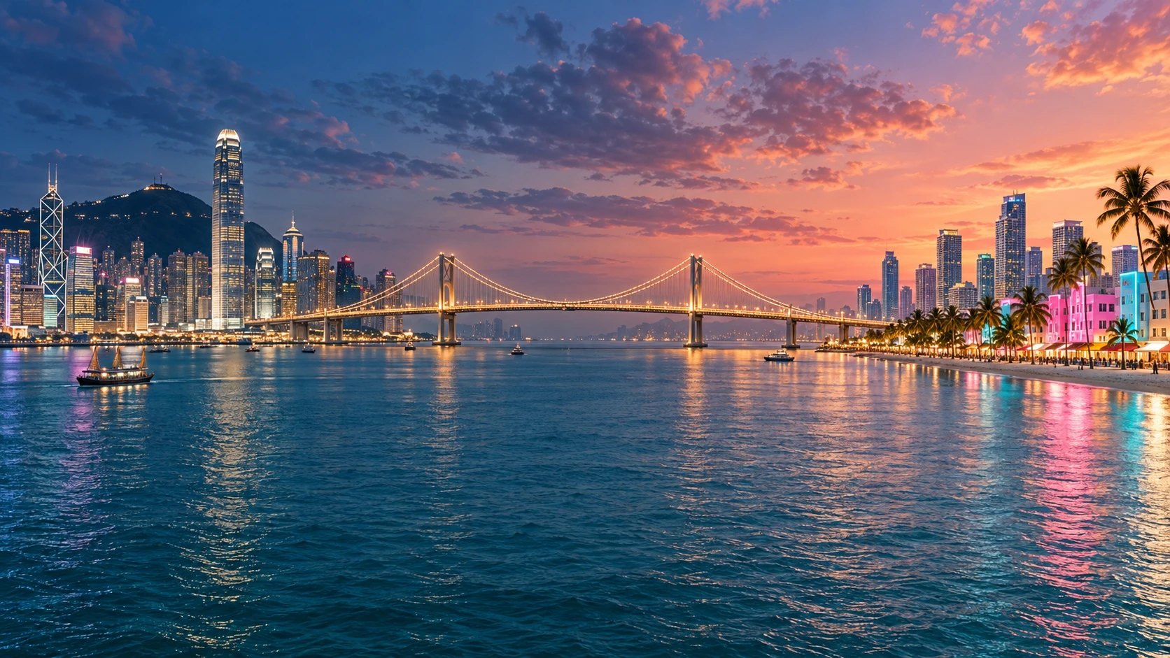 Illustrated bridge connecting Hong Kong ↔ Miami